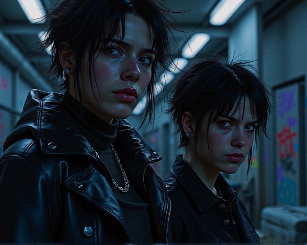 Young women in leather jackets in urban corridor