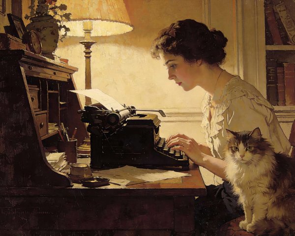 Oil Painting of Woman Typing at a Desk with Cat