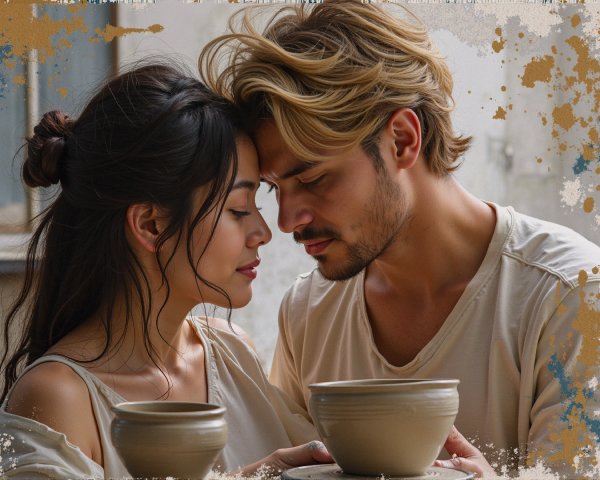 Couple Sharing Intimacy with Elegant Pottery Bowls