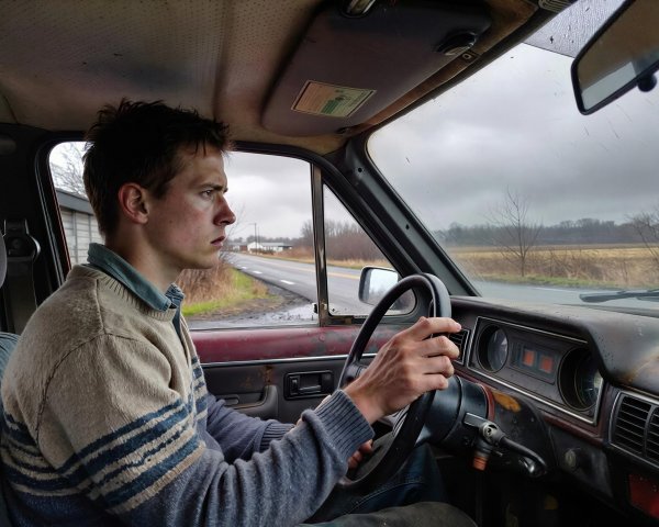 Young Man Driving in an Old Car in Rural Setting