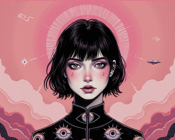 Stylized Female Figure with Mystical Background Elements