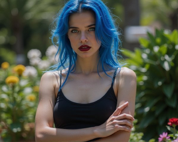 Young Woman with Blue Hair in a Colorful Garden