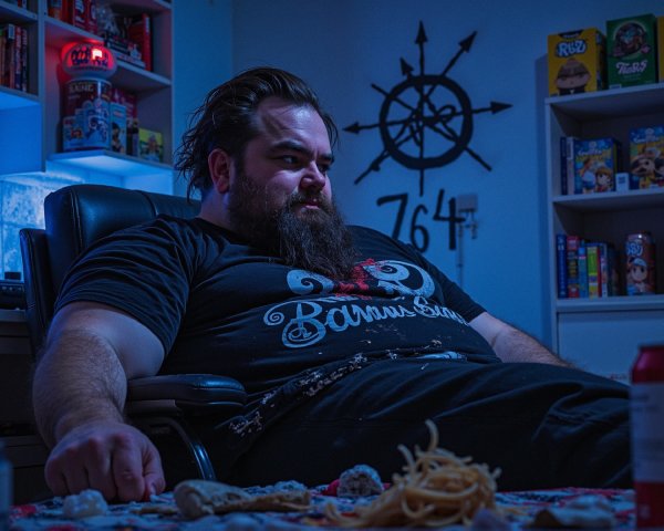 Man in Dark T-Shirt Surrounded by Food Items in Room