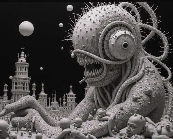 Surreal Monster with Bulbous Head in Eerie Cityscape