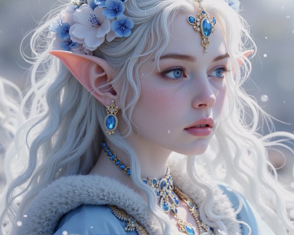 Mystical Figure with White Hair and Ethereal Attire