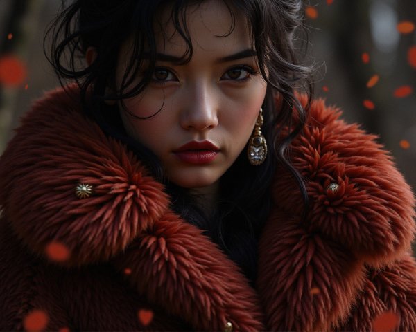 Close-up Portrait of Woman in Rust Fur Coat