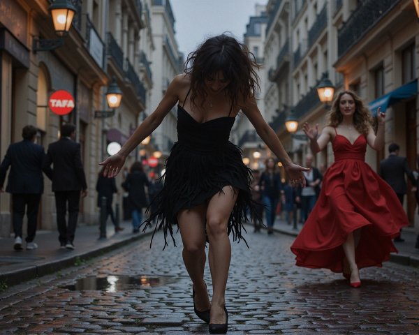 Stylish Women in Elegant Attire on Cobblestone Street