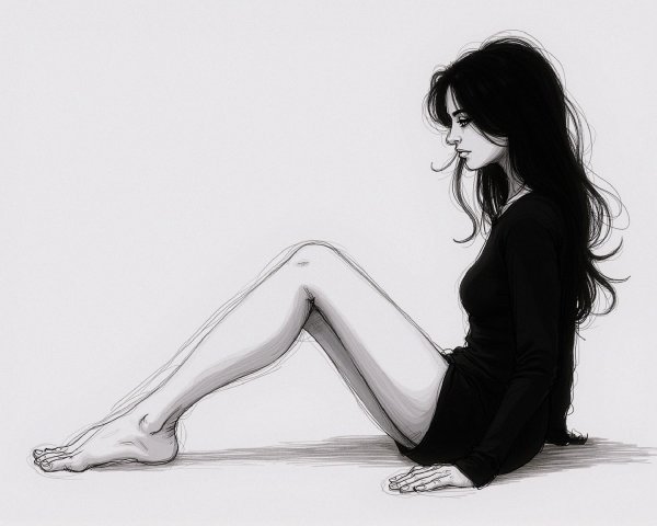 Monochromatic Sketch of a Contemplative Young Woman