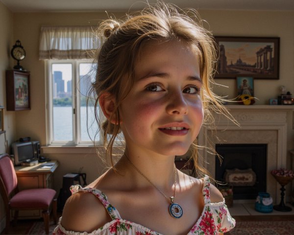 Little Girl in Floral Dress Smiling in Sunlit Room