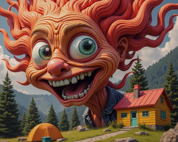 Whimsical Landscape with Giant Character and Cottage