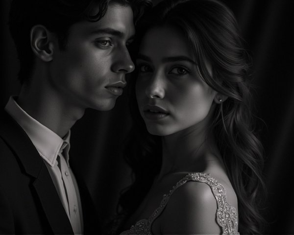 Black-and-white portrait of an intimate couple