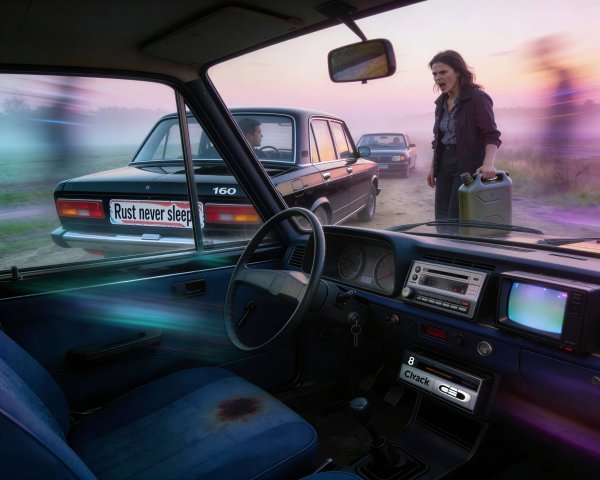 Sunset Scene of Woman Exiting Car with Gas Can