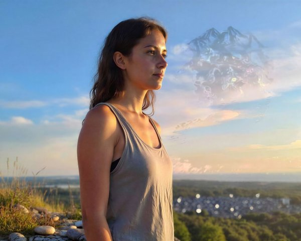 Young Woman in Gray Tank Top Against Blue Sky