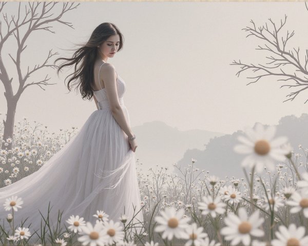 Young Woman in White Gown in Daisies Field