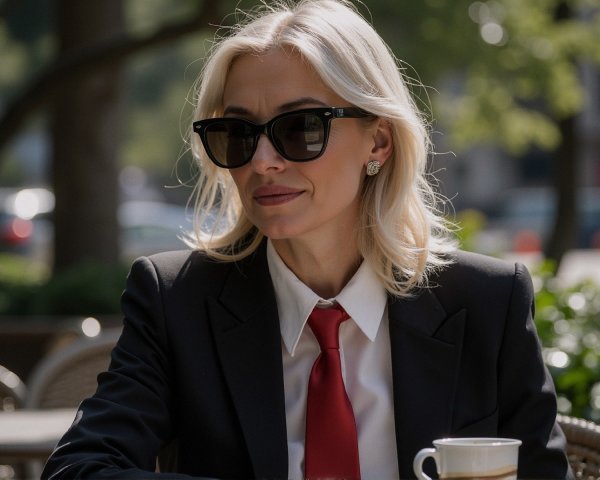 Stylish Woman in Black Suit and Sunglasses Outdoors