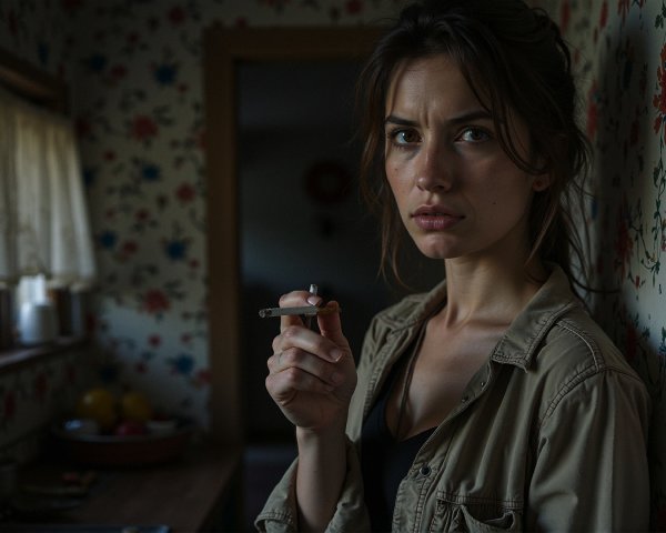 Young woman in vintage kitchen with cigarette and wallpaper