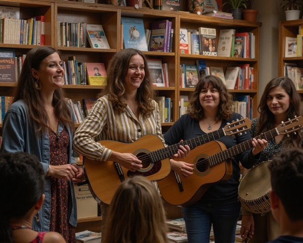 Women with Instruments in Cozy Bookstore Setting