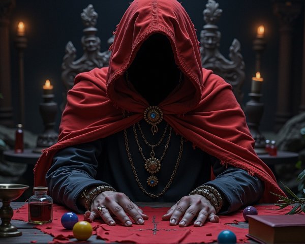 Cloaked Figure at Ornate Table with Mystical Items
