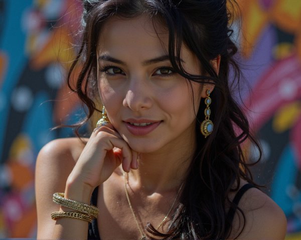 Young woman with dark hair and elegant accessories