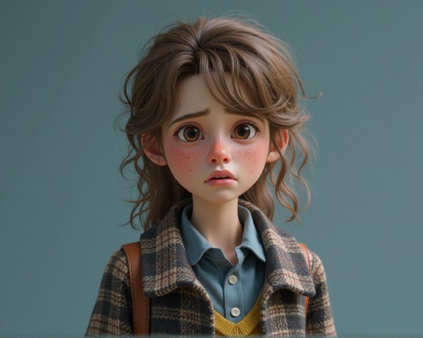 Young girl with curly hair and freckled face