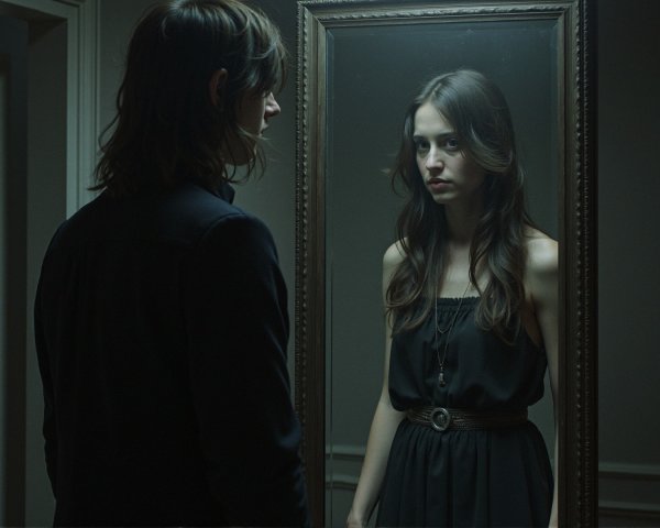 Young Woman in Black Dress Reflects in Ornate Mirror