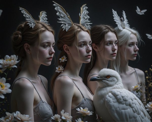 Surreal Portrait of Four Ethereal Figures in Darkness
