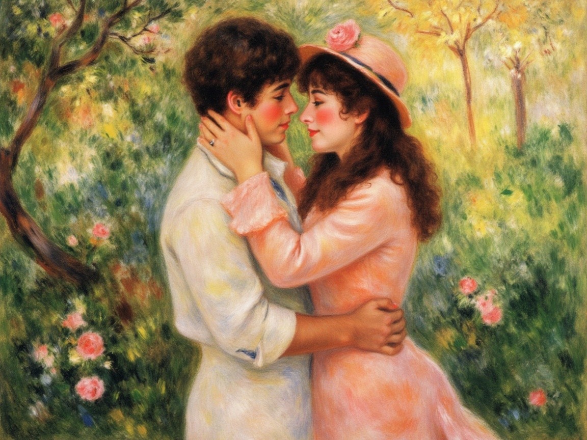 Romantic Couple in Ethereal Garden with Flowers