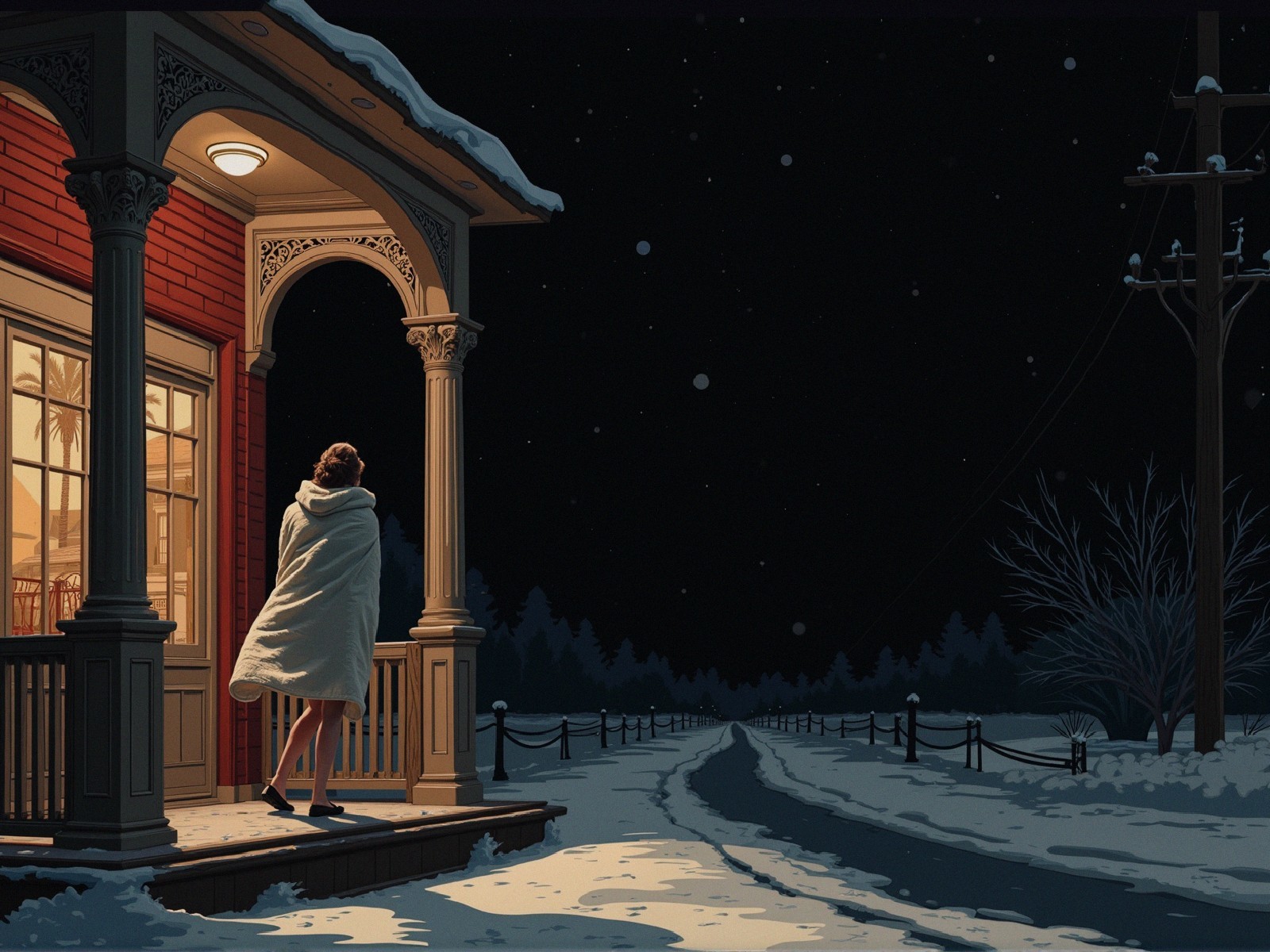 Cozy Winter Scene of a Woman on a Porch
