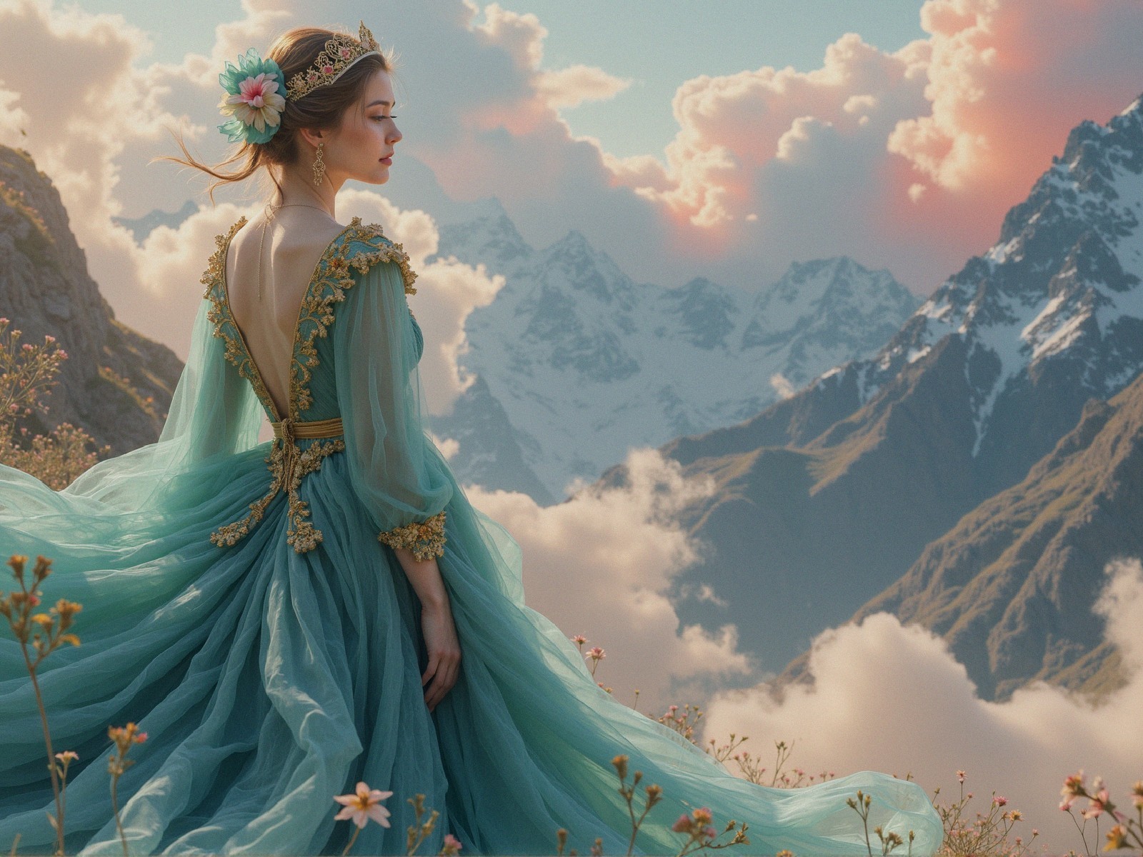 Young woman in turquoise gown with mountain backdrop