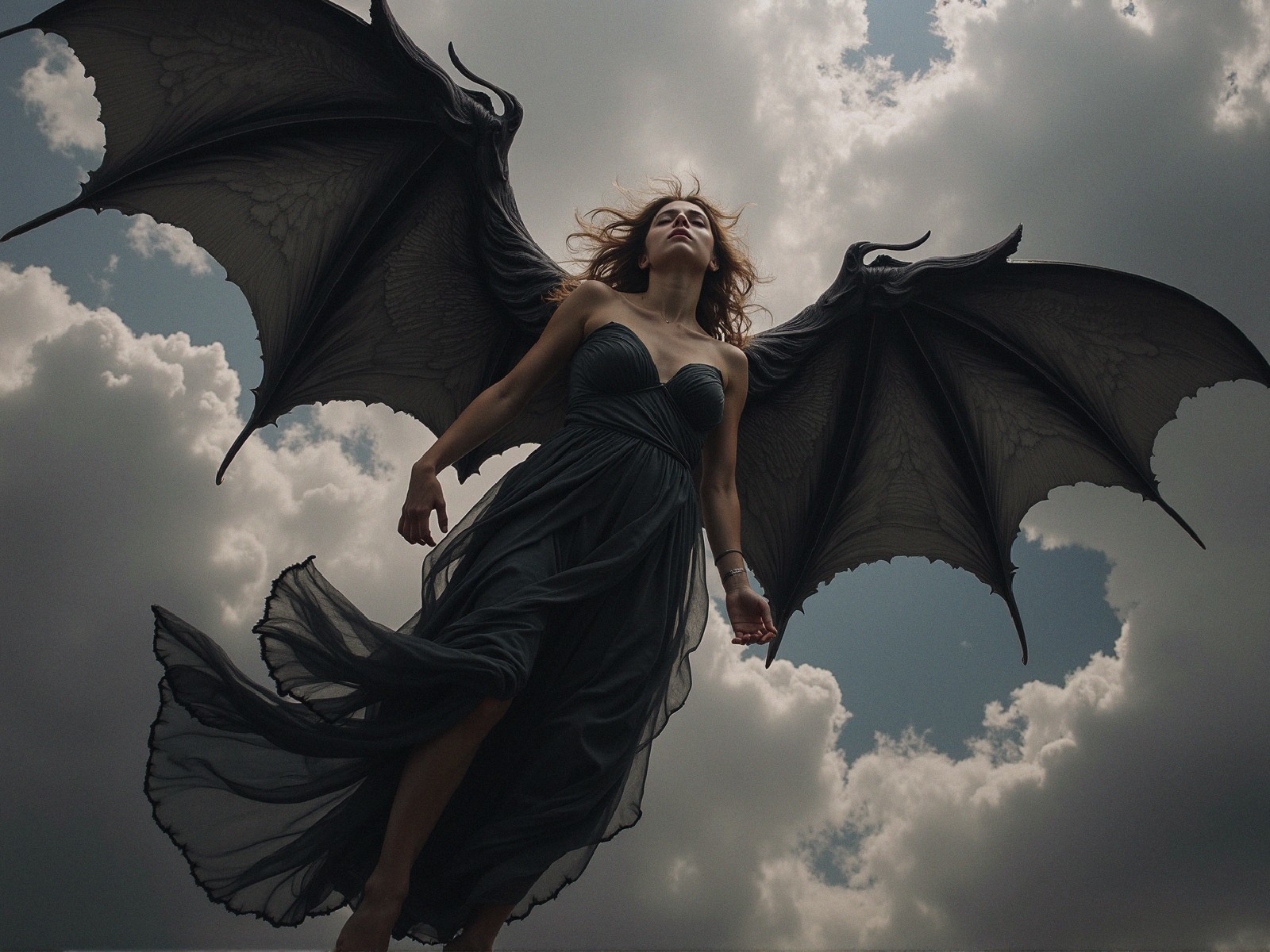 Woman with Bat-Like Wings Against Dramatic Sky