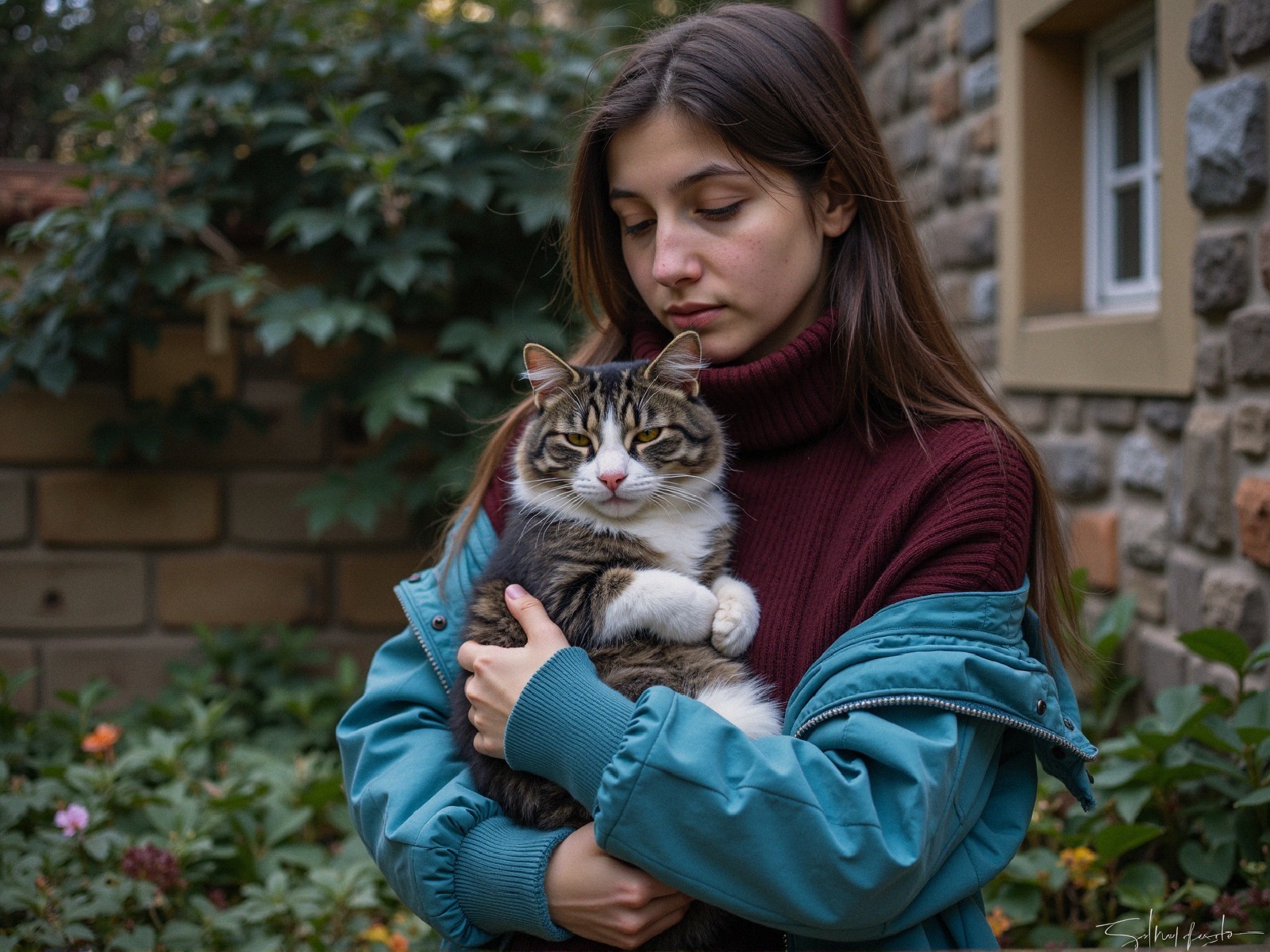 Young Woman in Garden with Tabby Cat and Stone Walls