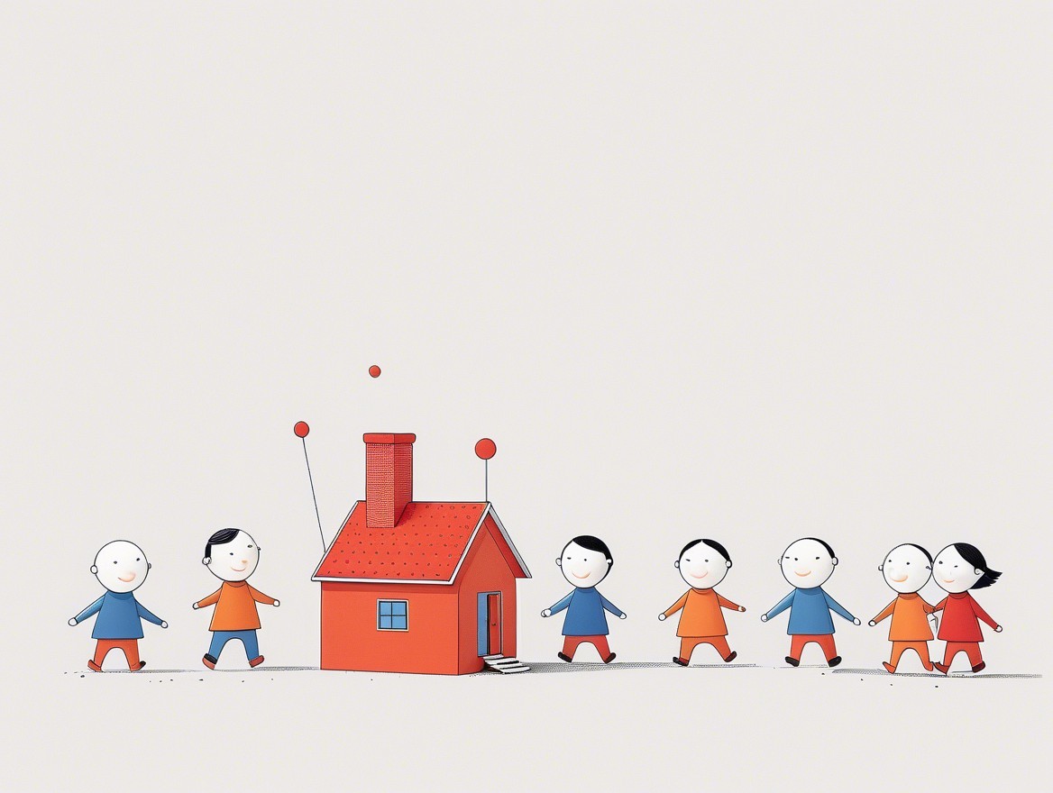 Colorful Stick Figures Around a Red Structure and Flower