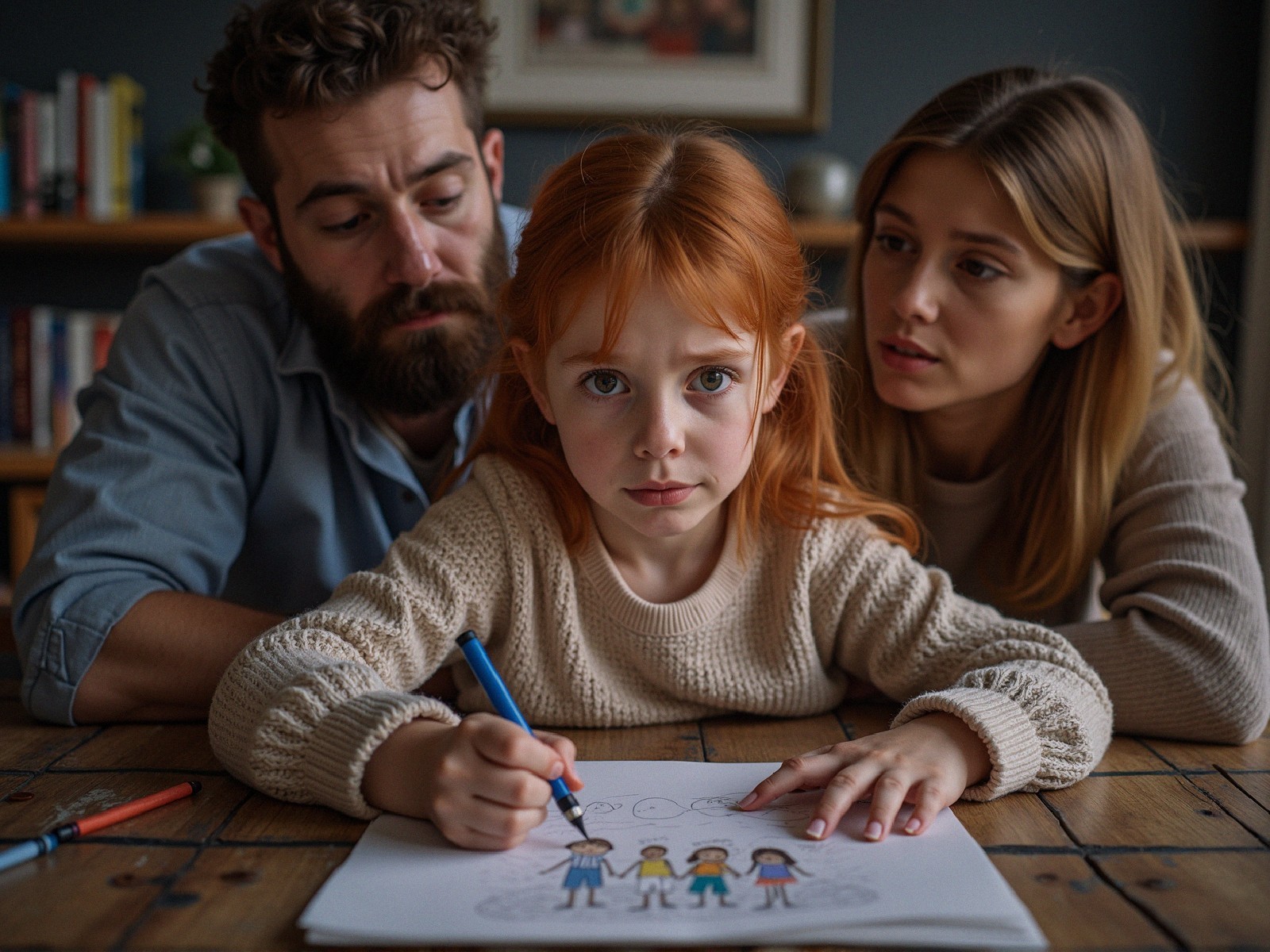 Young Girl Drawing with Crayon in Cozy Room Setting