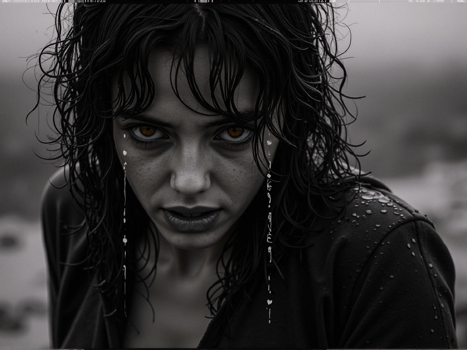 Close-up of a woman with wet hair and amber eyes