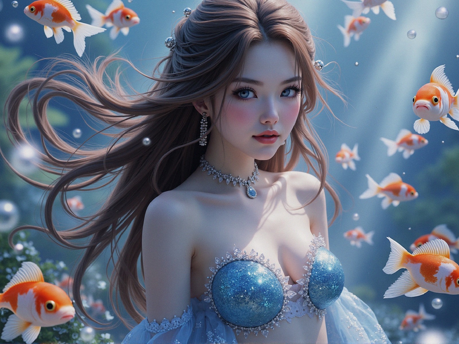 Young Woman Underwater with Goldfish and Pearls