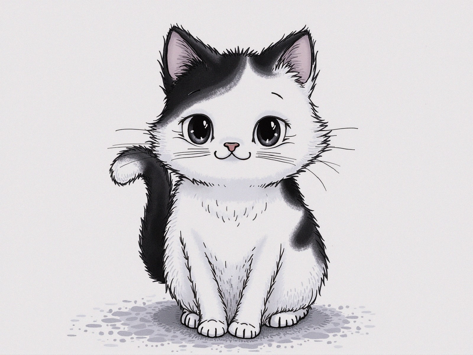 Cute Cartoon Cat with Fluffy Body and Black Patches