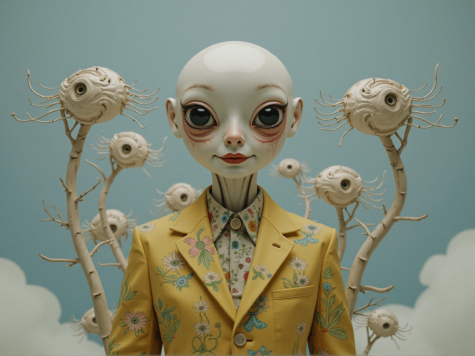 Humanoid Figure in Yellow Suit with Surreal Plants