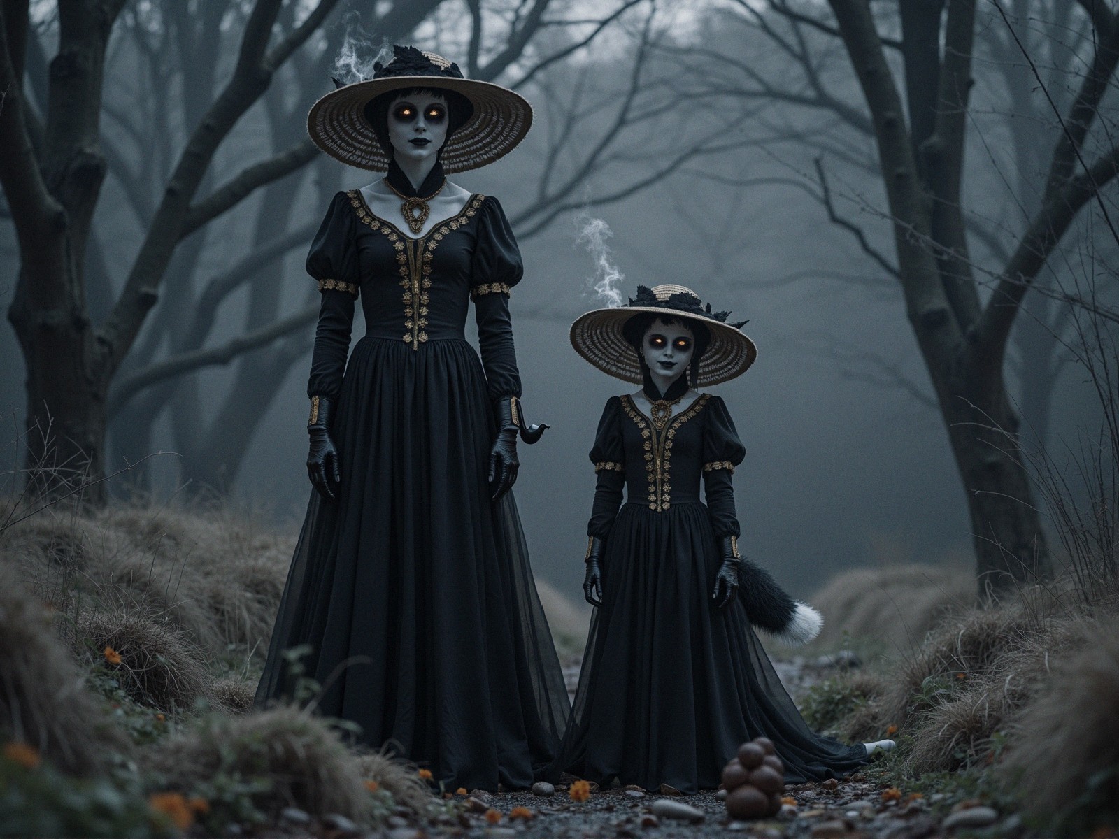 Mysterious Figures in Elegant Dark Gowns in Foggy Forest
