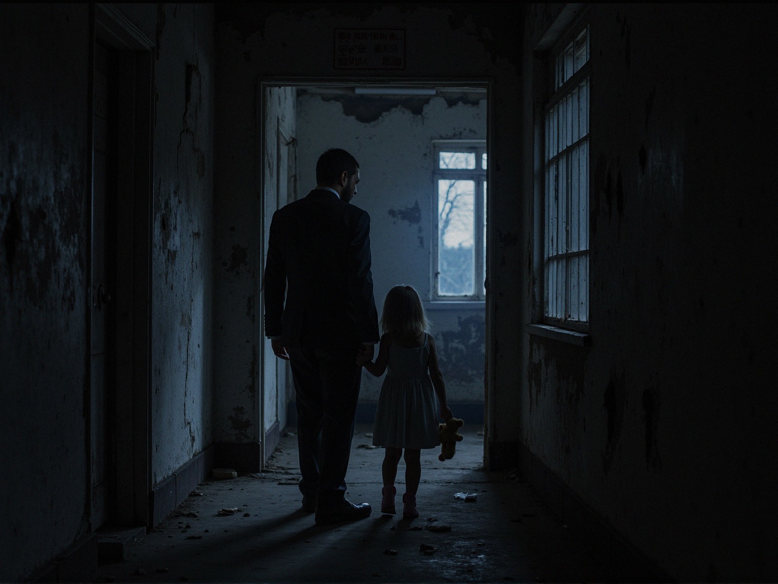 Abandoned Corridor with Man and Girl Holding Hands