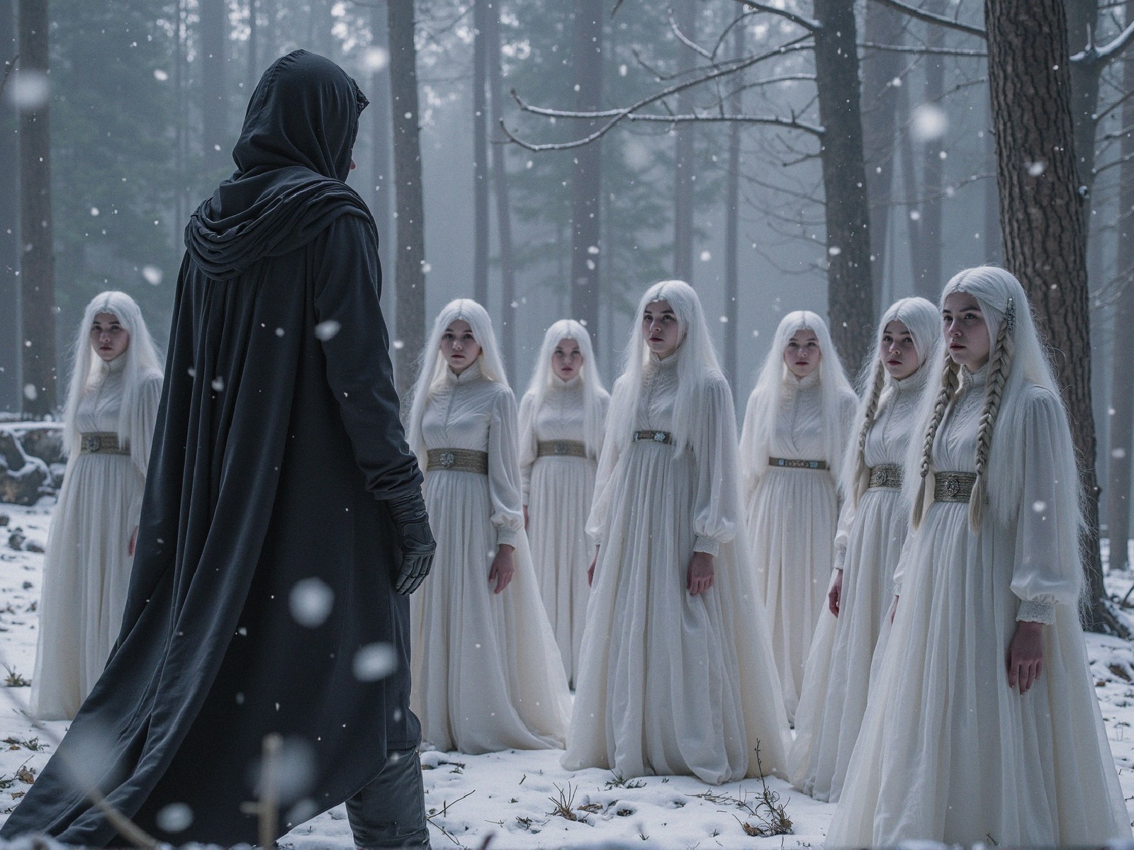 Cloaked Figure and Eight Girls in Snowy Forest Scene