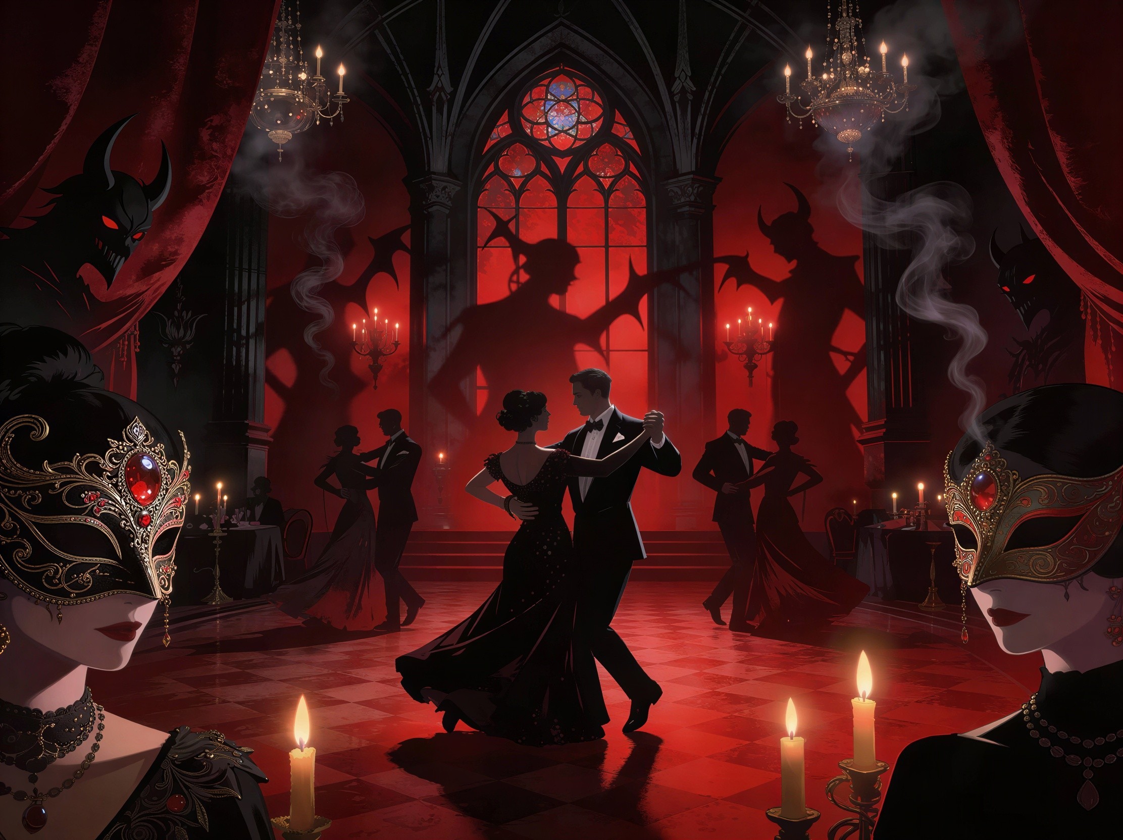 Elegant Ballroom Dance in Gothic Setting with Shadows