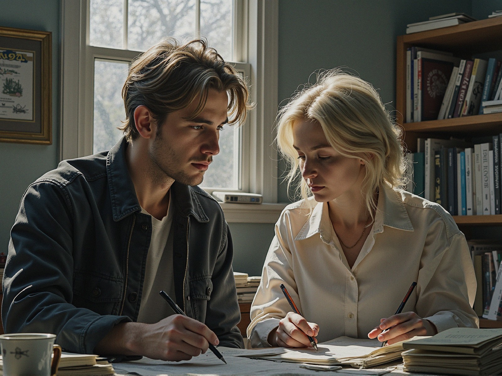 Young Man and Woman Collaborating in Sunlit Room