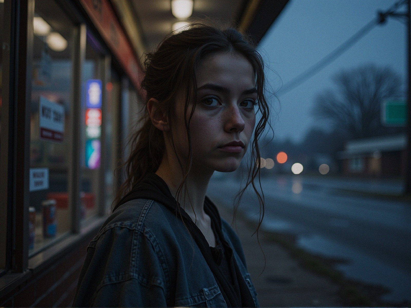Dimly Lit Street Scene with Young Woman Outside Store