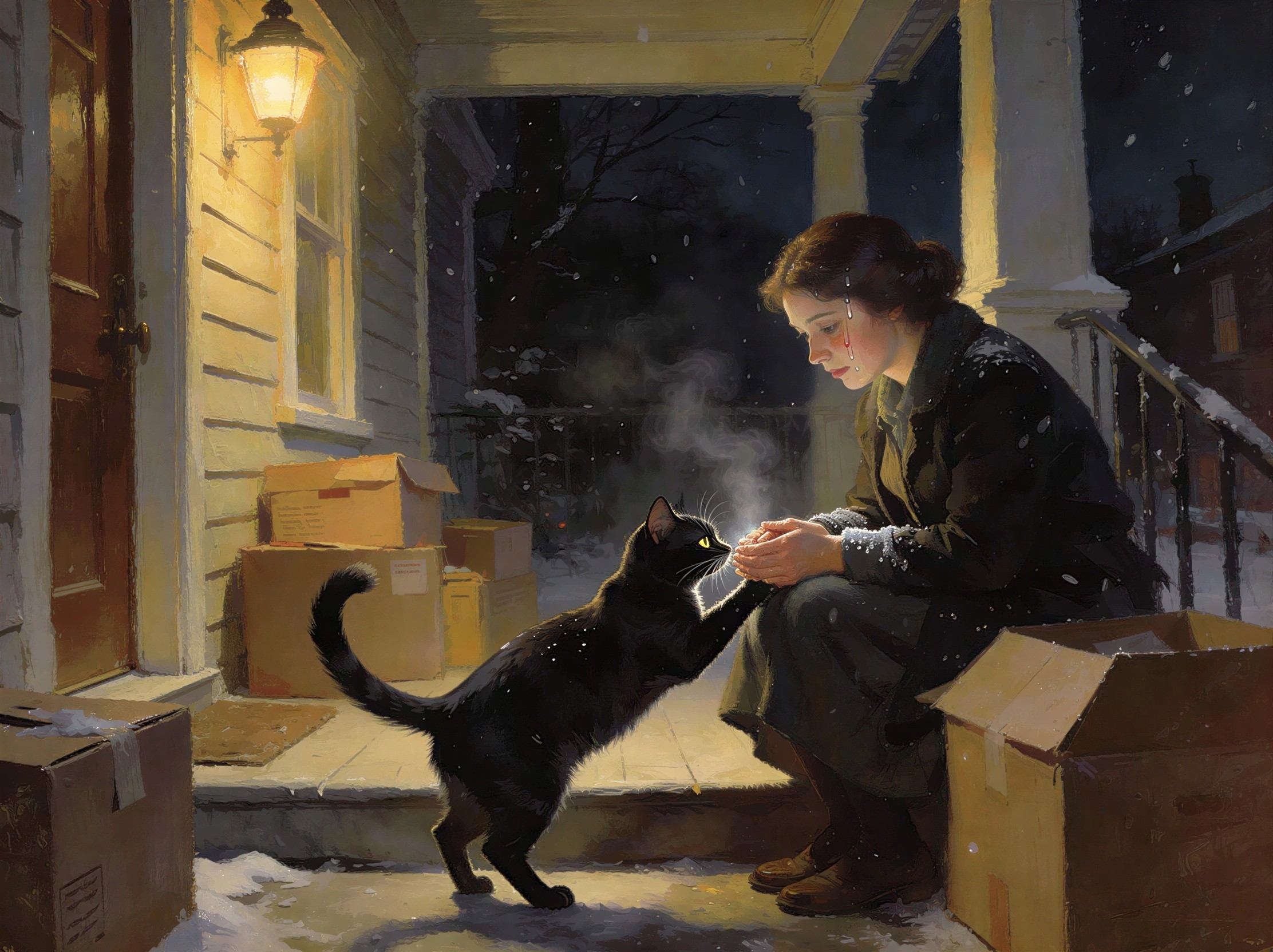 Young woman in dark attire on snowy porch at night