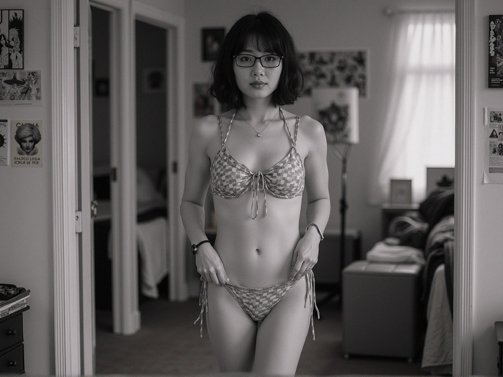 Young Woman in Patterned Bikini in Softly Lit Room