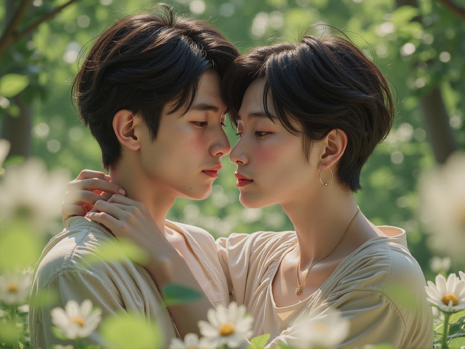 Young couple in lush green setting with wildflowers