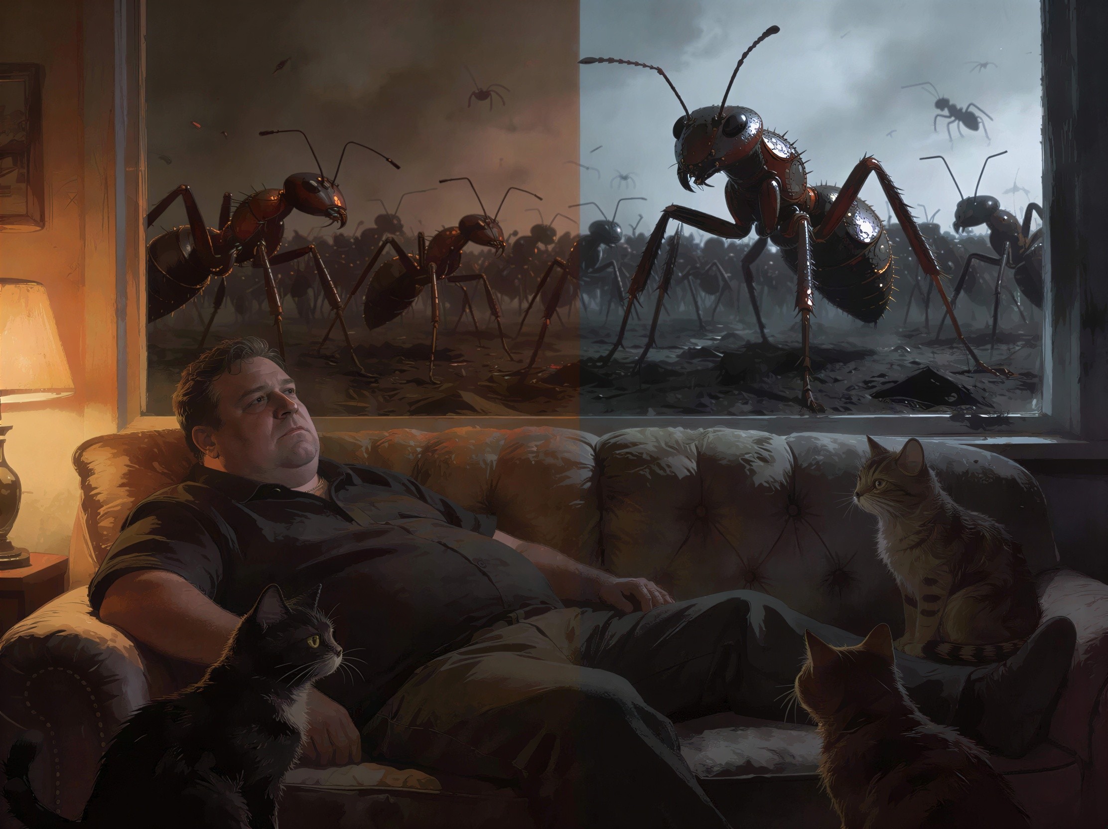 Man on Sofa Surrounded by Cats Watching Giant Ants