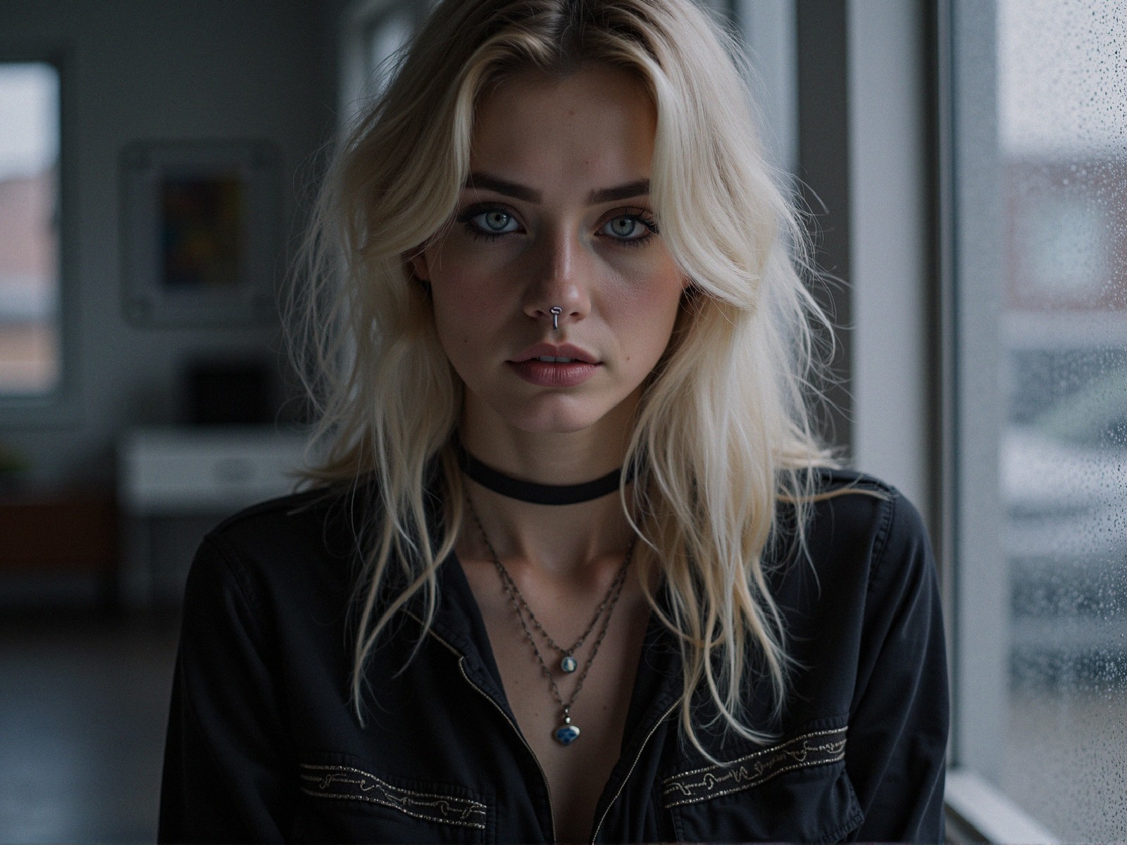 Portrait of a young woman with blue eyes and wavy hair