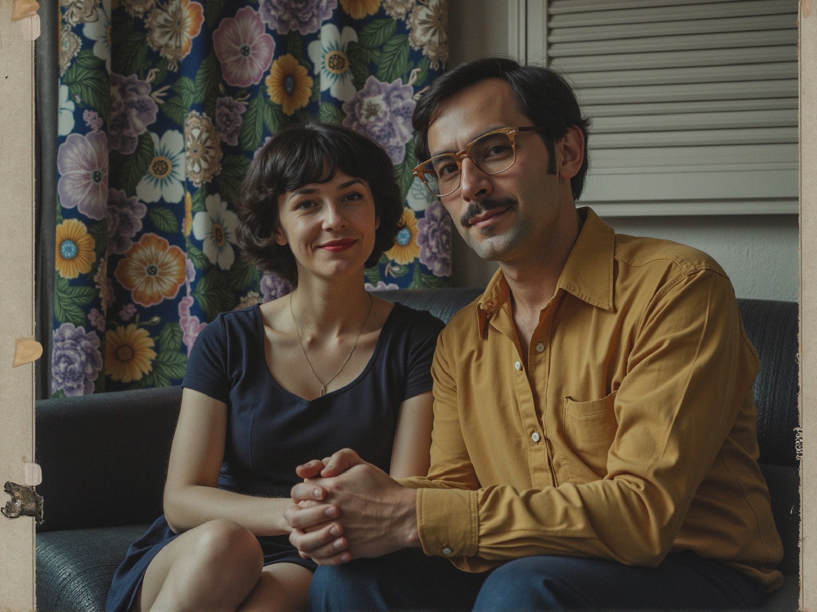 Couple Posing on Sofa with Floral Curtains Background