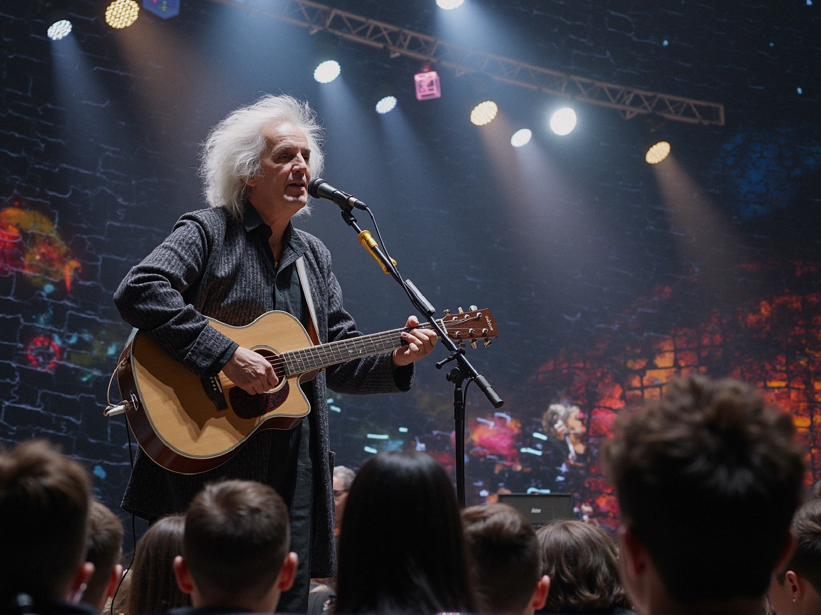 Musician with White Hair Performs on Stage with Guitar